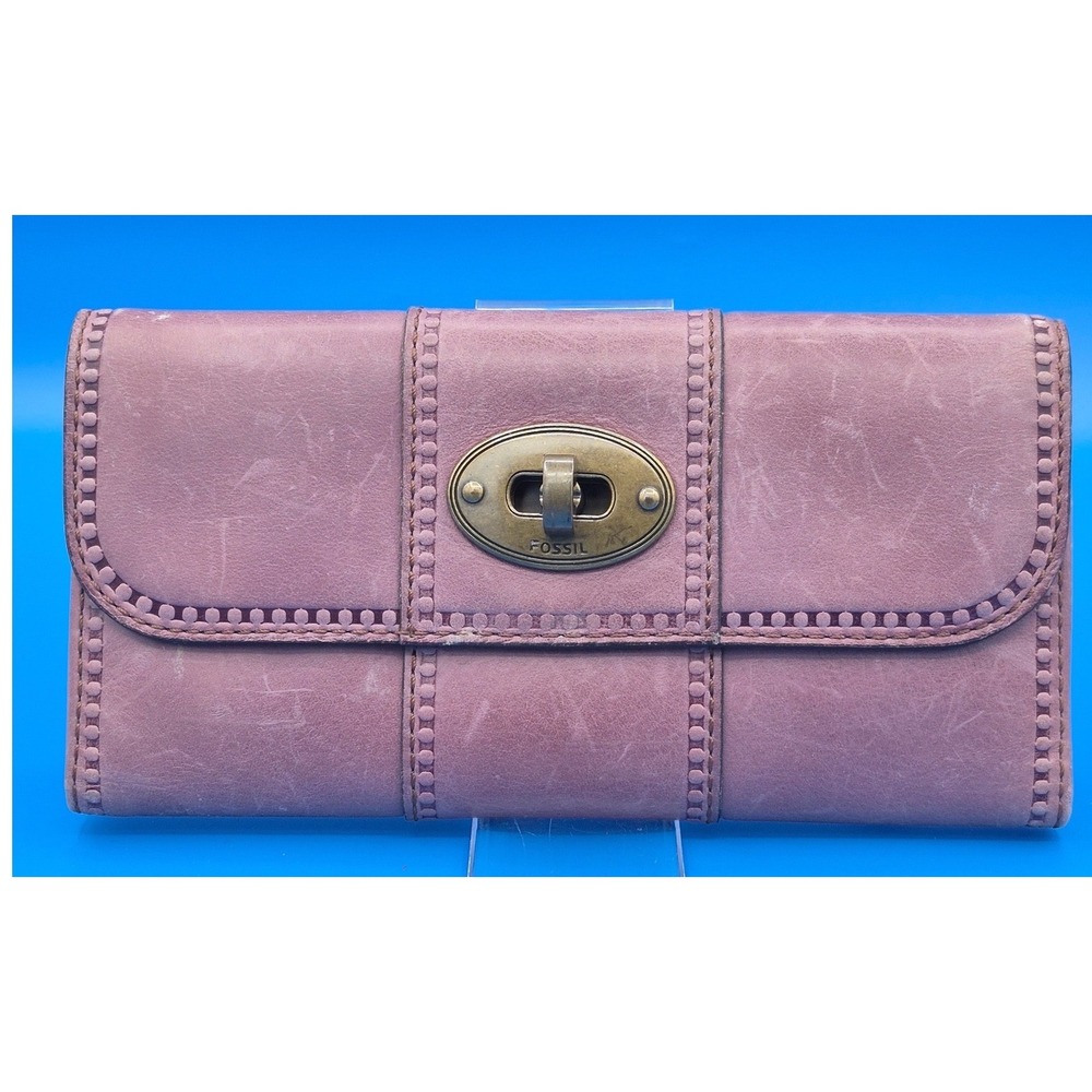 Fossil Leather Turnlock Clutch Wallet Purple Mauve Studded Trim Slim Organizer